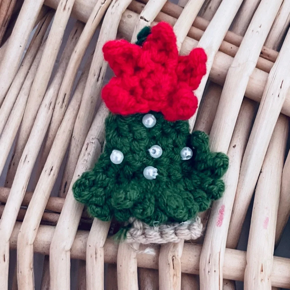 Artisan handcrafted holiday Christmas crochet hair clips Tree, mitten, bows New